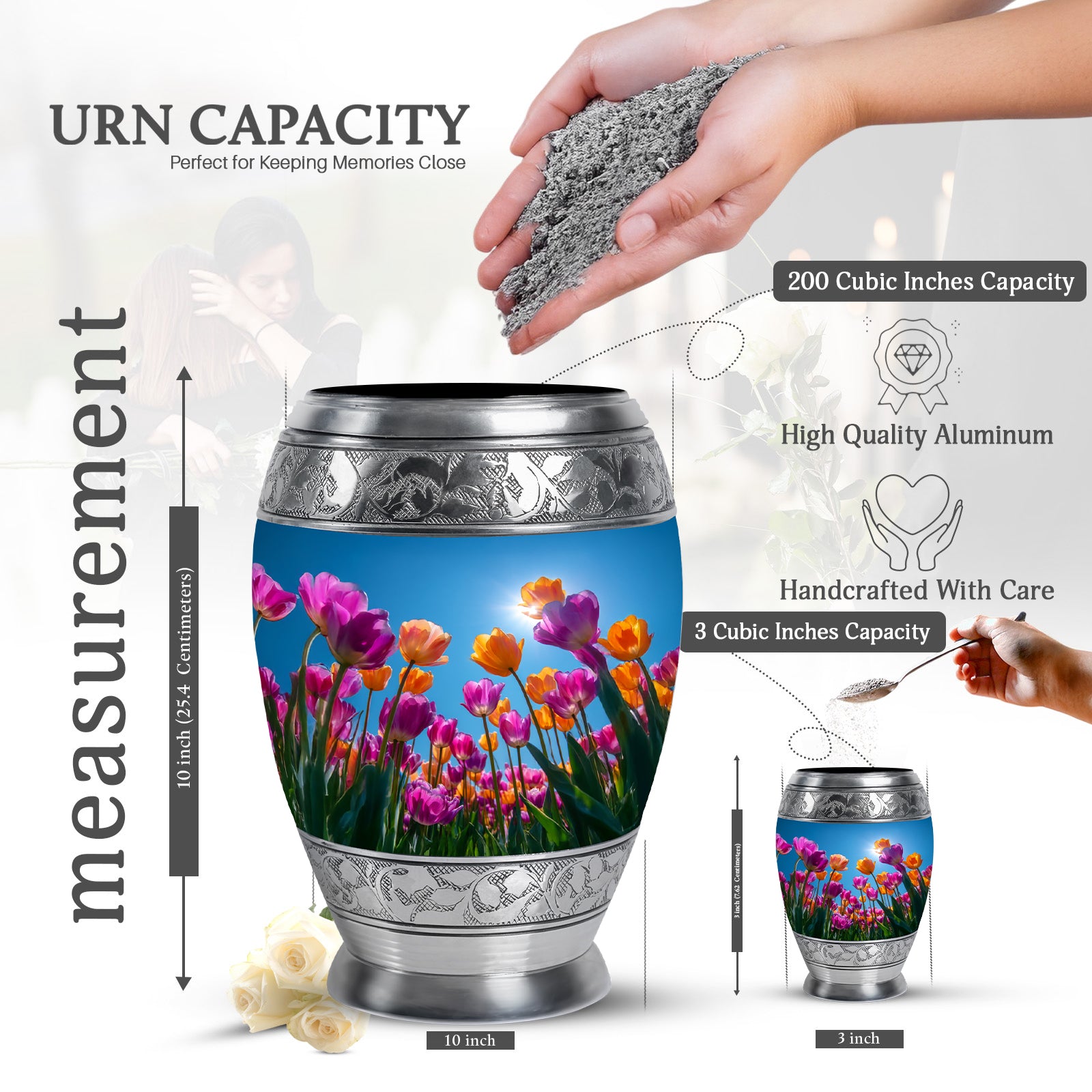 Dusty Blue Garden Tulip Cremation Urn lifestyle display on memorial shelf - regal garden tulip design with crown-inspired accents - mini keepsake memorial for portion of cremation ashes