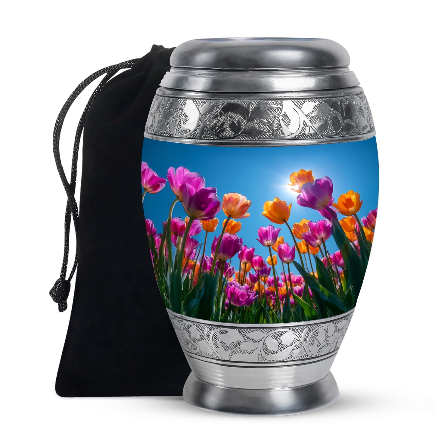 Soft Blue Garden Tulip Cremation Urn back view with polished surface - majestic garden tulip pattern with filigree border - full-size 10 inch 200 cubic inch adult cremation urn