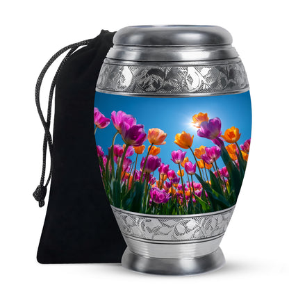 Soft Blue Garden Tulip Cremation Urn back view with polished surface - majestic garden tulip pattern with filigree border - full-size 10 inch 200 cubic inch adult cremation urn