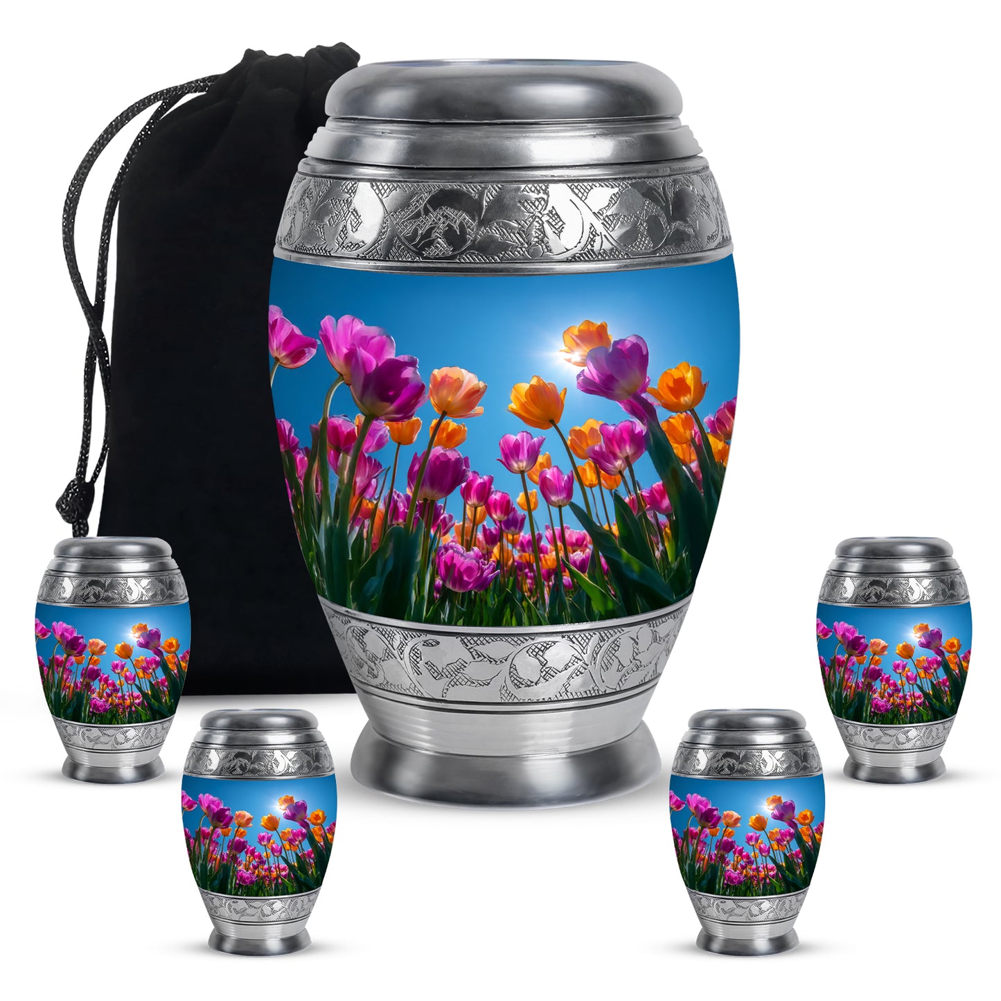 Vivid Blue Garden Tulip Cremation Urn detail view - majestic garden tulip pattern with filigree border - memorial set with one large and four small urns