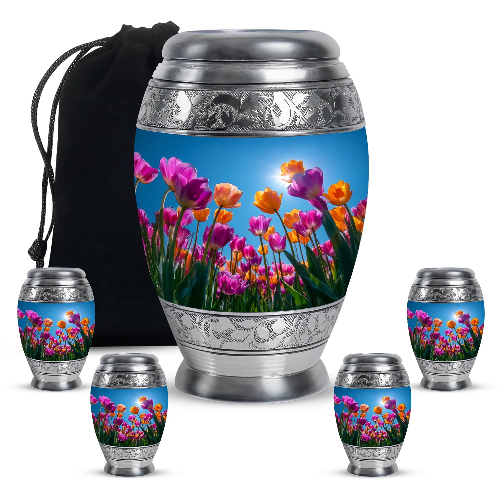 Vivid Blue Garden Tulip Cremation Urn detail view - majestic garden tulip pattern with filigree border - memorial set with one large and four small urns
