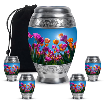 Vivid Blue Garden Tulip Cremation Urn detail view - majestic garden tulip pattern with filigree border - memorial set with one large and four small urns