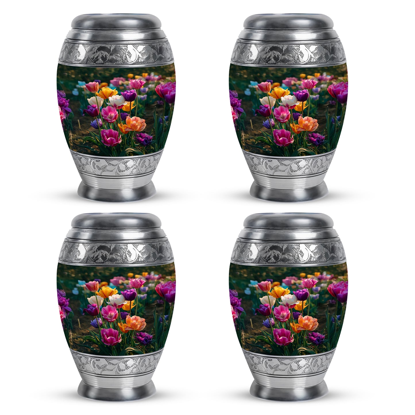 Emerald Green Garden Tulip Cremation Urn urn with complimentary velvet bag - regal garden tulip design with crown-inspired accents - 10 inch aluminum urn for cremated remains