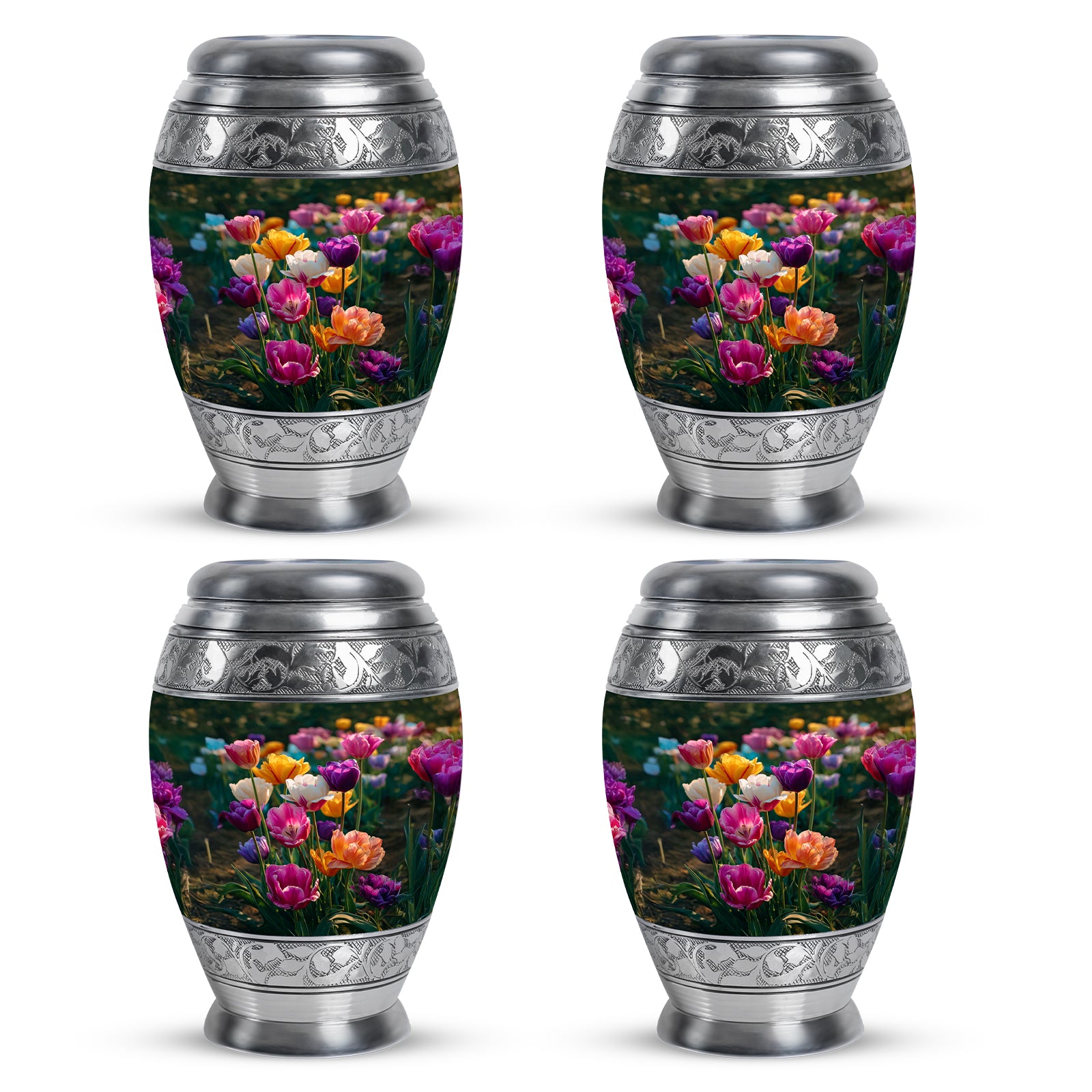 Emerald Green Garden Tulip Cremation Urn urn with complimentary velvet bag - regal garden tulip design with crown-inspired accents - 10 inch aluminum urn for cremated remains