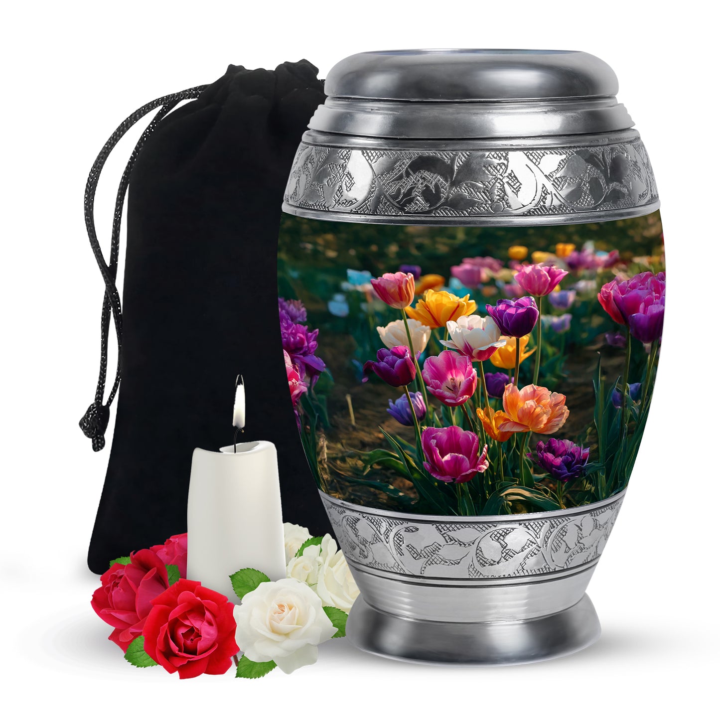 Forest Green Garden Tulip Cremation Urn back view with polished surface - royal garden tulip engraving with decorative scrollwork - full-size 10 inch 200 cubic inch adult cremation urn