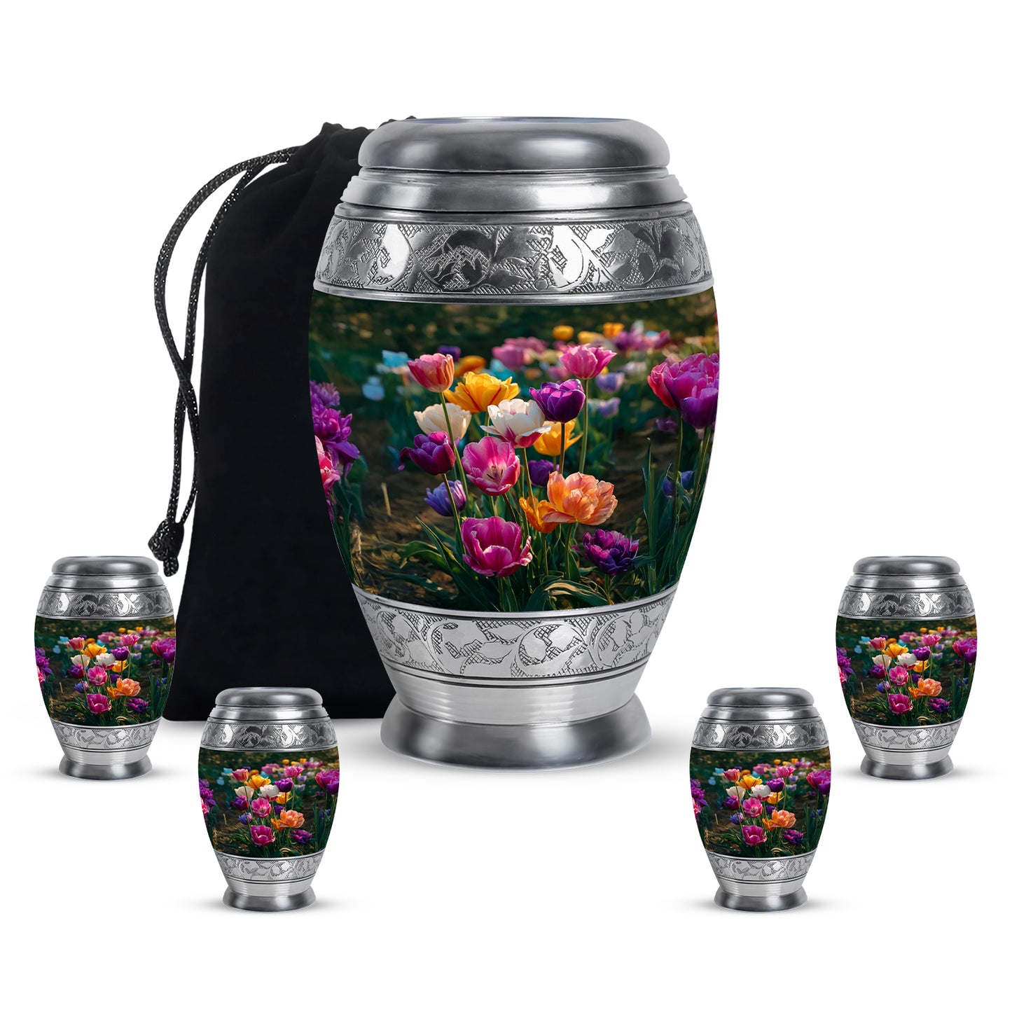 Olive Green Garden Tulip Cremation Urn detail view - royal garden tulip engraving with decorative scrollwork - memorial set with one large and four small urns