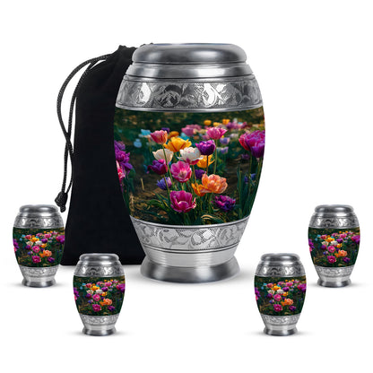 Olive Green Garden Tulip Cremation Urn detail view - royal garden tulip engraving with decorative scrollwork - memorial set with one large and four small urns
