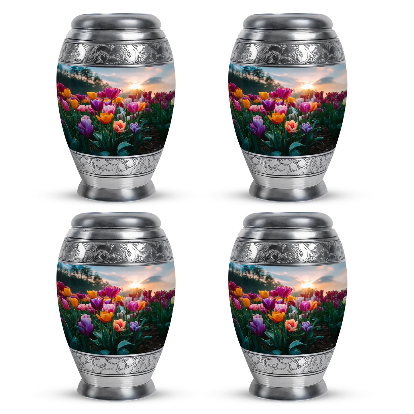 Calming Blue Garden Tulip Cremation Urn urn with complimentary velvet bag - royal garden tulip engraving with decorative scrollwork - 10 inch aluminum urn for cremated remains
