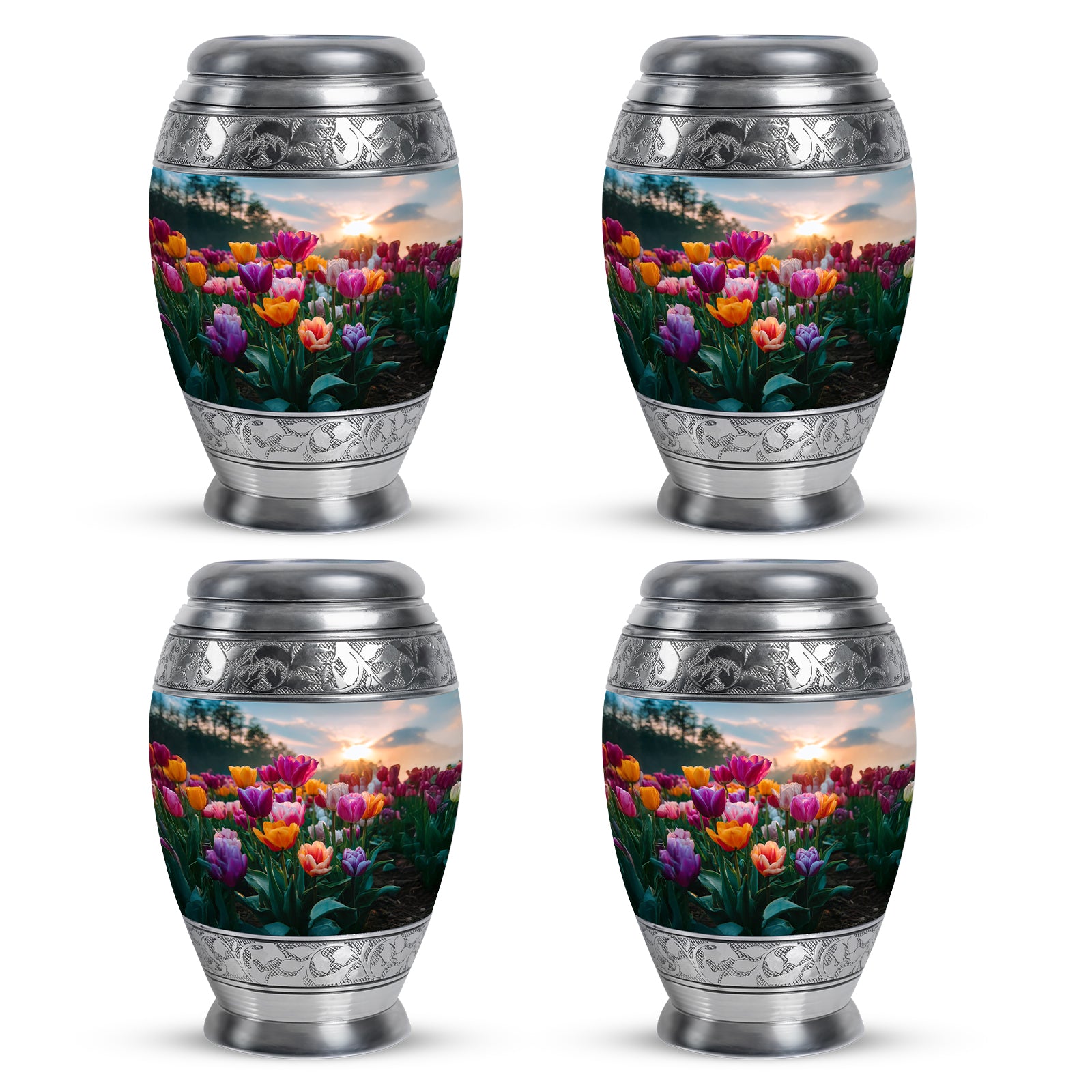Calming Blue Garden Tulip Cremation Urn urn with complimentary velvet bag - royal garden tulip engraving with decorative scrollwork - 10 inch aluminum urn for cremated remains