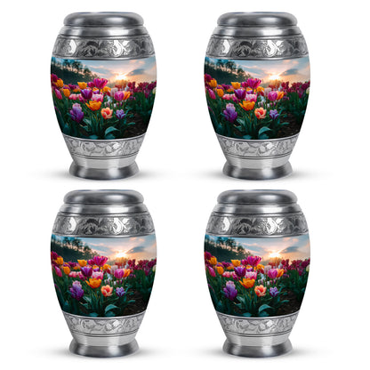 Calming Blue Garden Tulip Cremation Urn urn with complimentary velvet bag - royal garden tulip engraving with decorative scrollwork - 10 inch aluminum urn for cremated remains