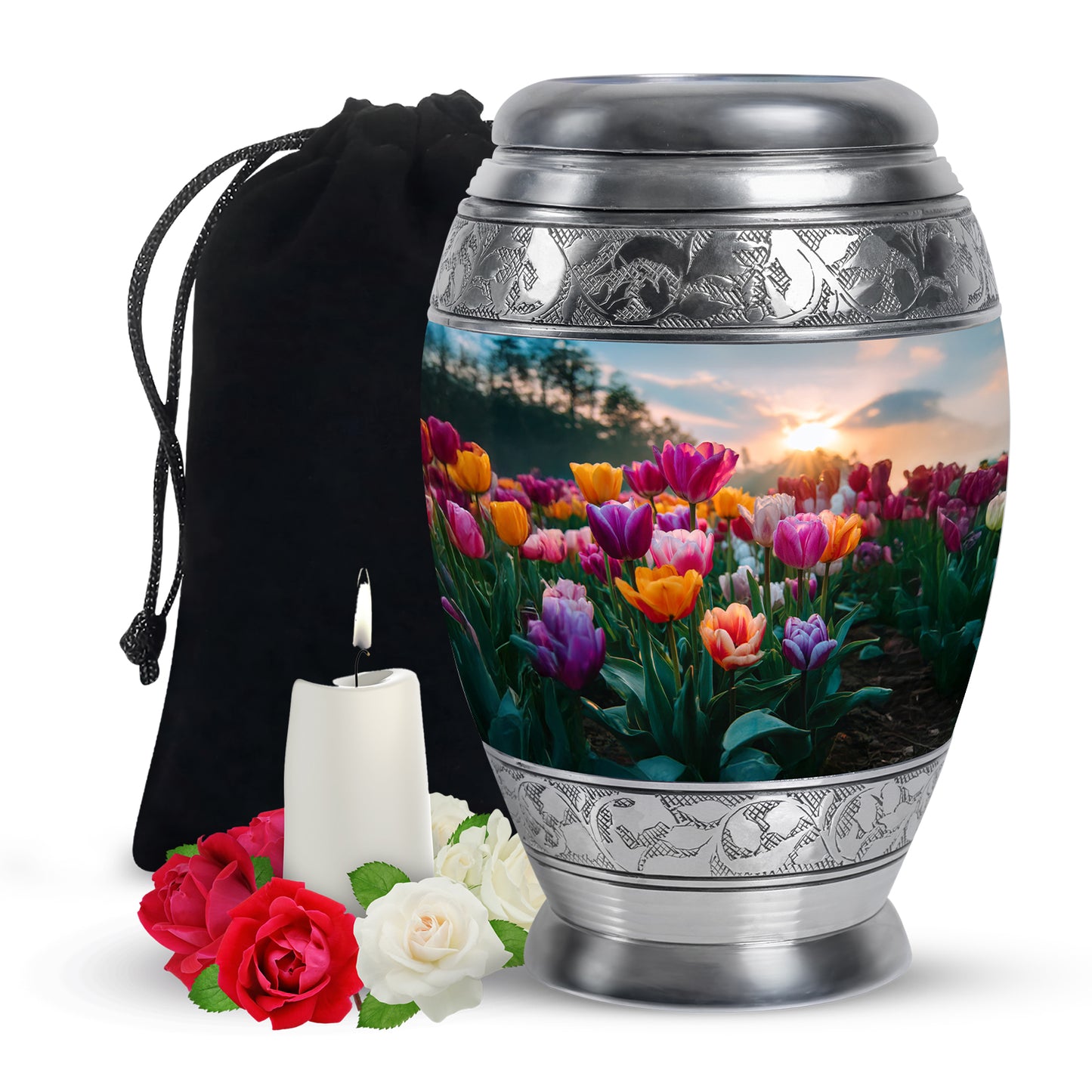 Indigo Garden Tulip Cremation Urn back view with polished surface - ornate monarch-style garden tulip relief on brushed aluminum - full-size 10 inch 200 cubic inch adult cremation urn