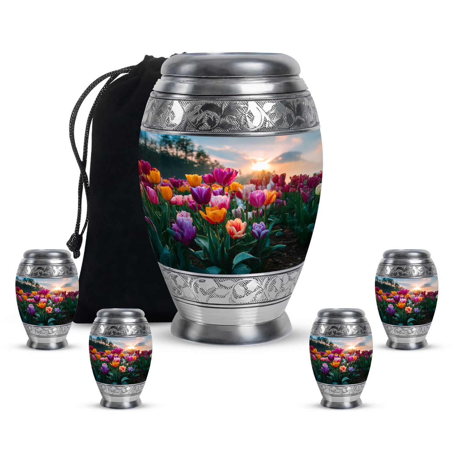 Bright Blue Garden Tulip Cremation Urn detail view - royal garden tulip engraving with decorative scrollwork - memorial set with one large and four small urns