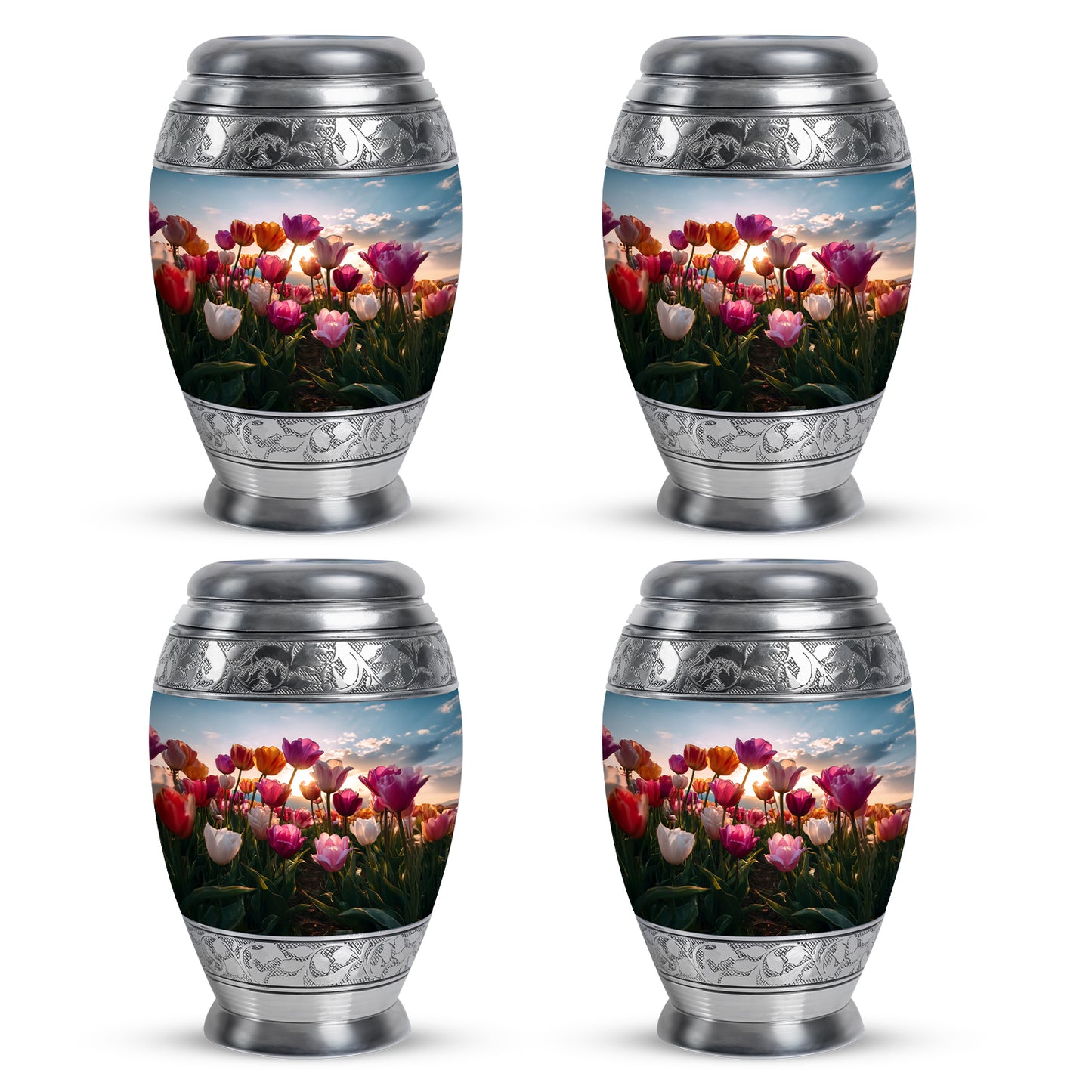 Dusty Blue Garden Tulip Cremation Urn urn with complimentary velvet bag - regal garden tulip design with crown-inspired accents - 10 inch aluminum urn for cremated remains