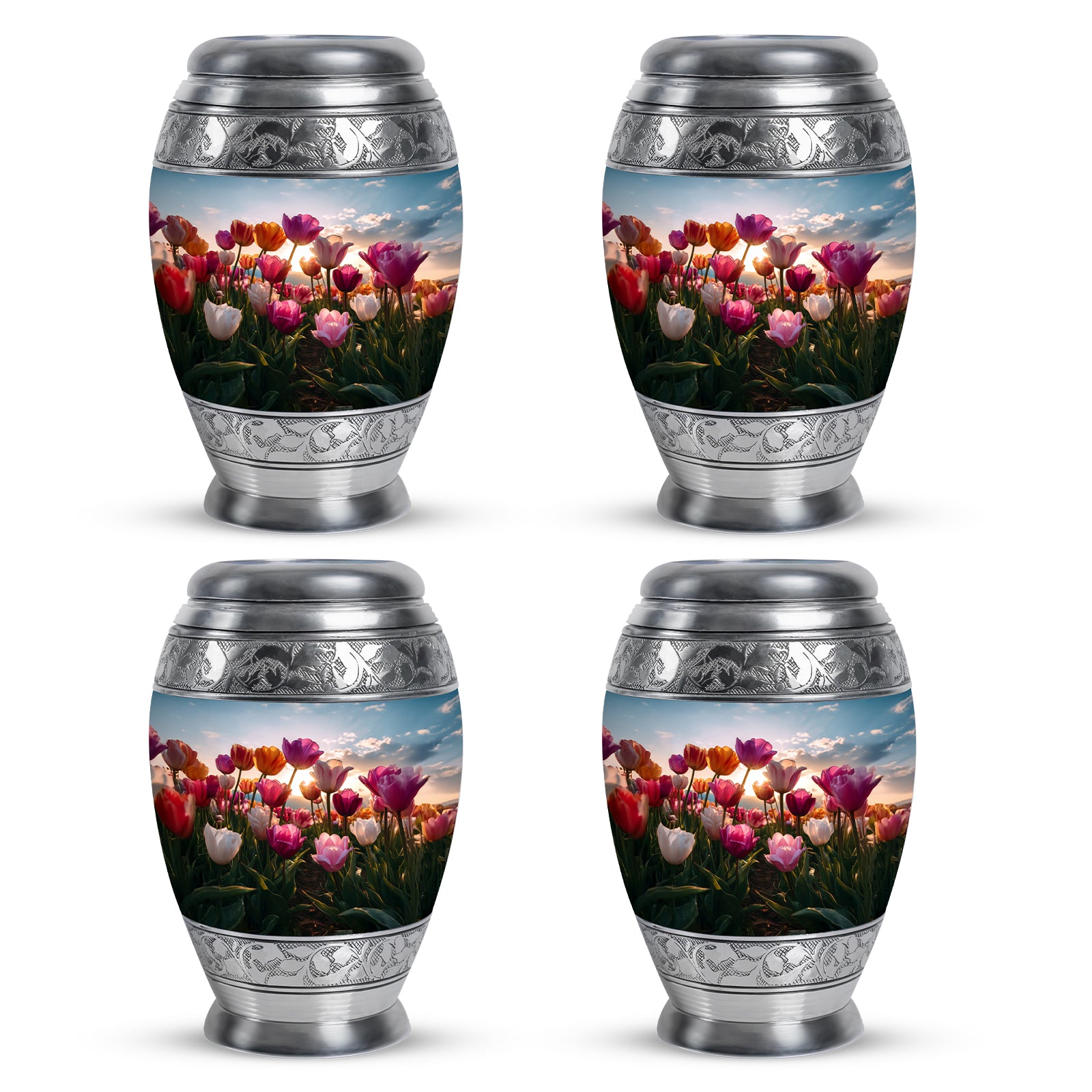 Dusty Blue Garden Tulip Cremation Urn urn with complimentary velvet bag - regal garden tulip design with crown-inspired accents - 10 inch aluminum urn for cremated remains