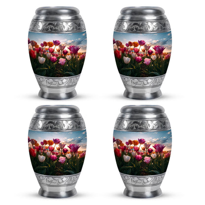 Dusty Blue Garden Tulip Cremation Urn urn with complimentary velvet bag - regal garden tulip design with crown-inspired accents - 10 inch aluminum urn for cremated remains