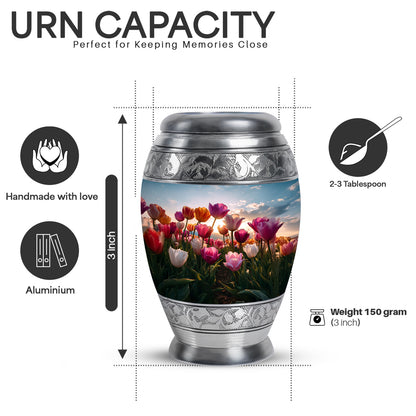 Celestial Blue Garden Tulip Cremation Urn lifestyle display on memorial shelf - ornate monarch-style garden tulip relief on brushed aluminum - mini keepsake memorial for portion of cremation ashes