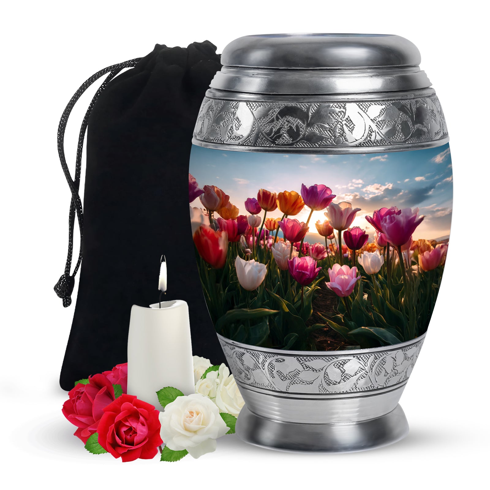Misty Blue Garden Tulip Cremation Urn back view with polished surface - regal garden tulip design with crown-inspired accents - full-size 10 inch 200 cubic inch adult cremation urn