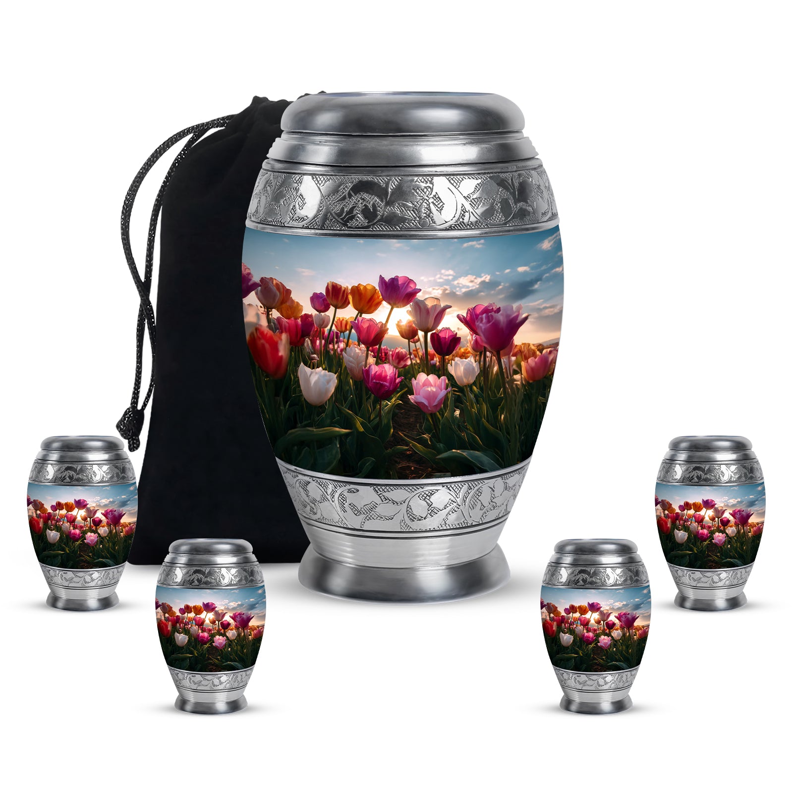 Serene Blue Garden Tulip Cremation Urn detail view - royal garden tulip engraving with decorative scrollwork - memorial set with one large and four small urns