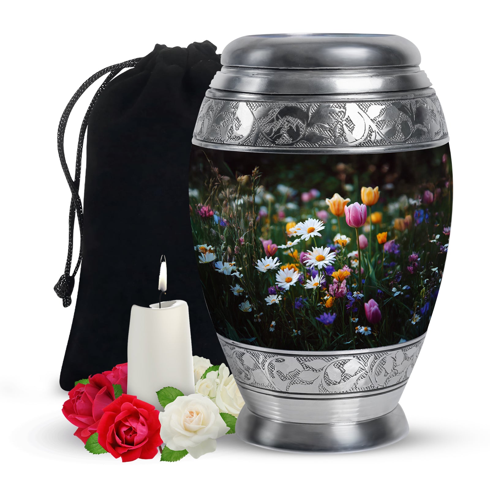 Ebony Garden Tulip Cremation Urn back view with polished surface - ornate monarch-style garden tulip relief on brushed aluminum - full-size 10 inch 200 cubic inch adult cremation urn