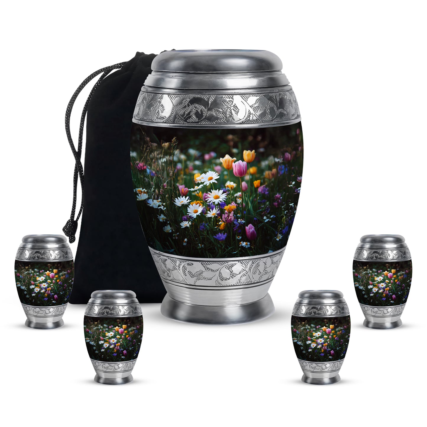 Midnight Black Garden Tulip Cremation Urn detail view - majestic garden tulip pattern with filigree border - memorial set with one large and four small urns