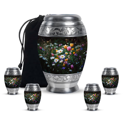 Midnight Black Garden Tulip Cremation Urn detail view - majestic garden tulip pattern with filigree border - memorial set with one large and four small urns