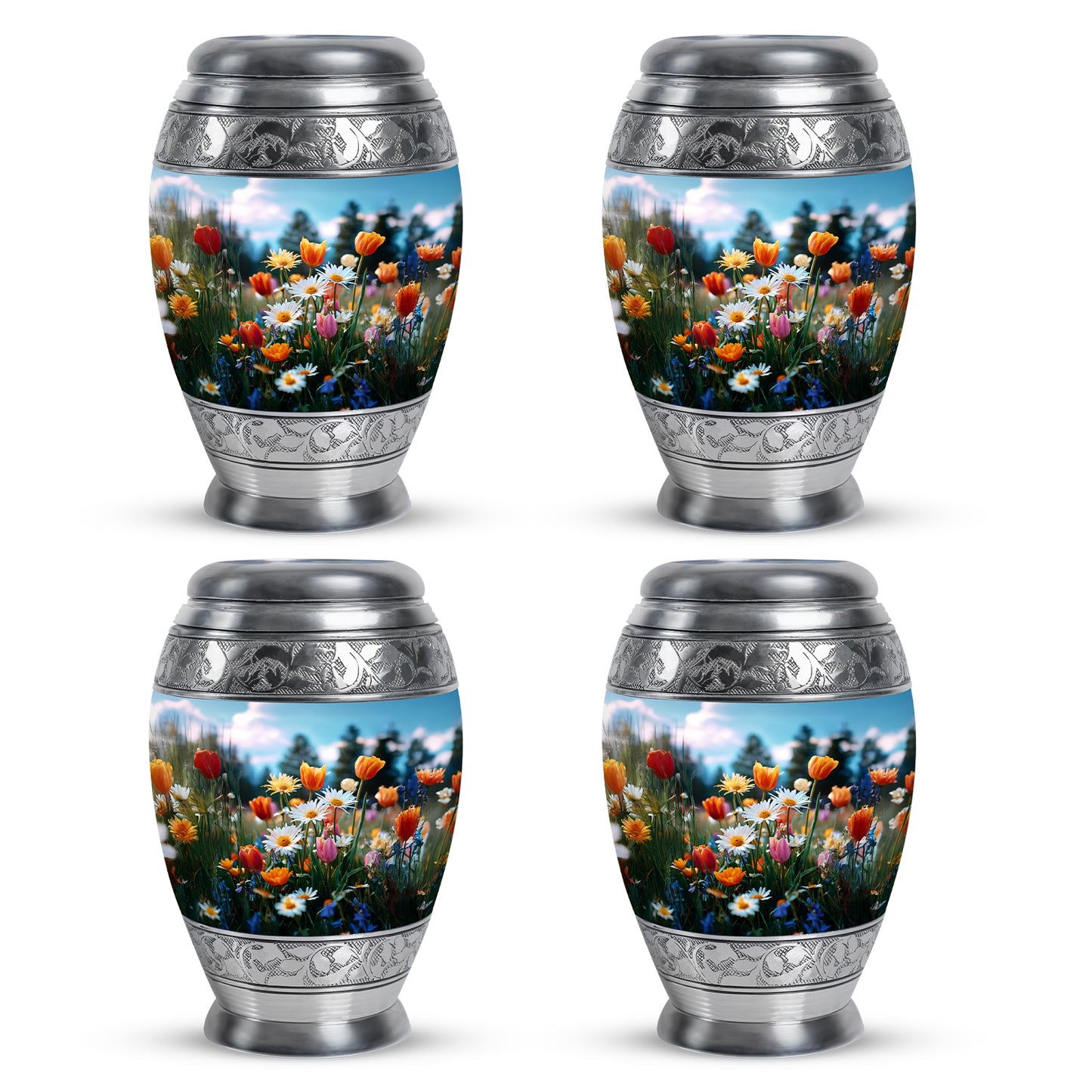Navy Blue Garden Tulip Cremation Urn urn with complimentary velvet bag - regal garden tulip design with crown-inspired accents - 10 inch aluminum urn for cremated remains