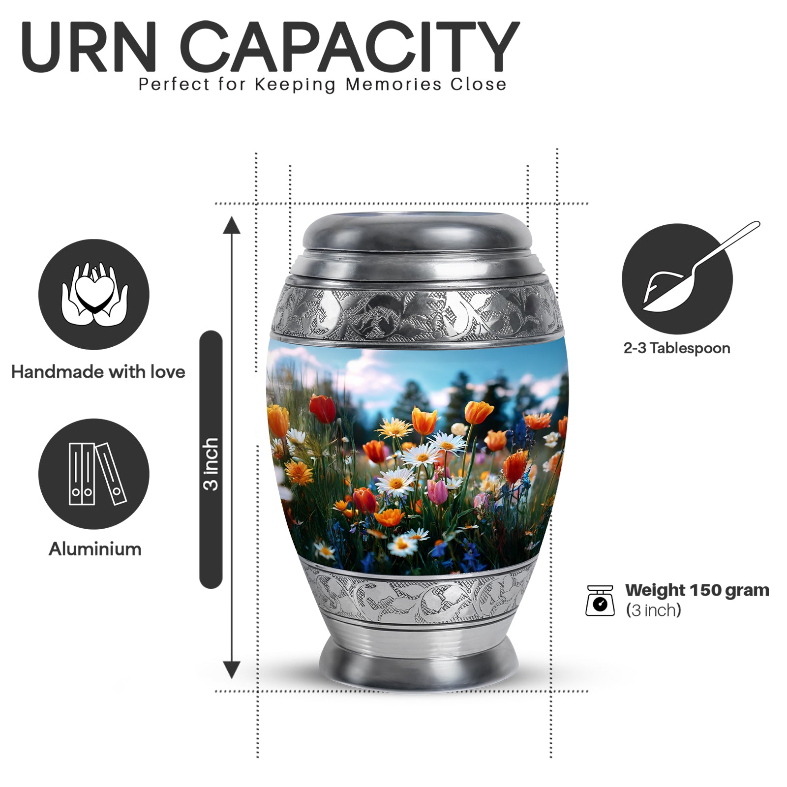 Soft Blue Garden Tulip Cremation Urn lifestyle display on memorial shelf - royal garden tulip engraving with decorative scrollwork - mini keepsake memorial for portion of cremation ashes