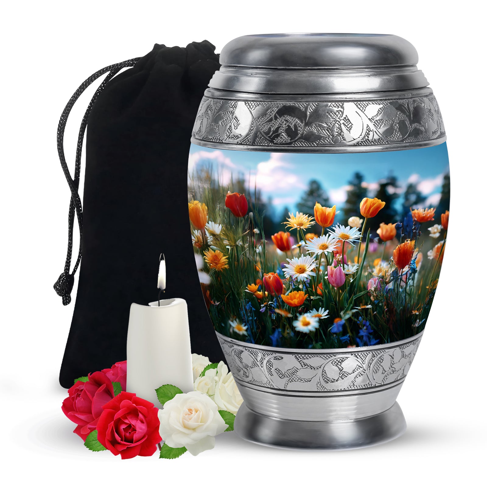 Cornflower Blue Garden Tulip Cremation Urn back view with polished surface - majestic garden tulip pattern with filigree border - full-size 10 inch 200 cubic inch adult cremation urn