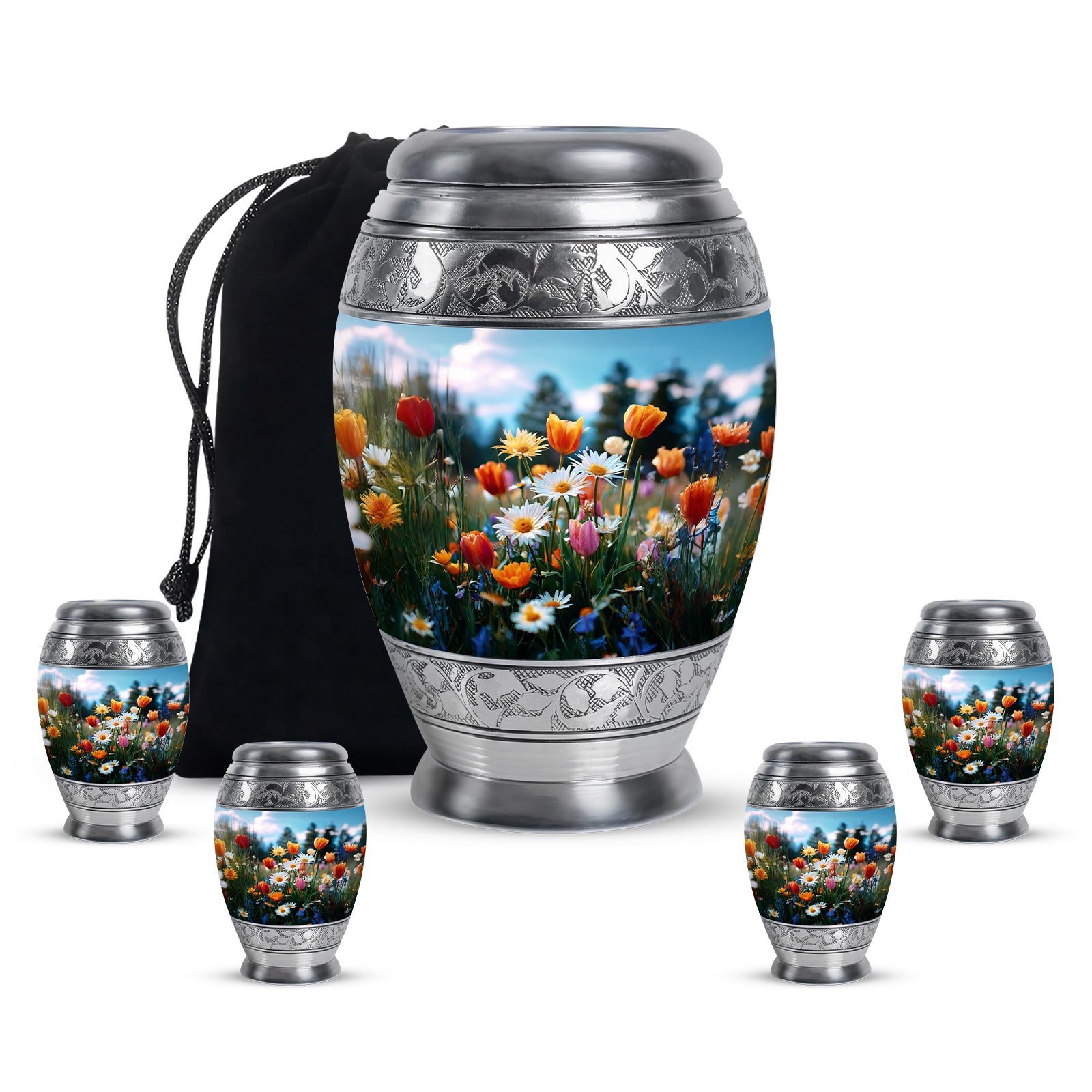 Serene Blue Garden Tulip Cremation Urn detail view - royal garden tulip engraving with decorative scrollwork - memorial set with one large and four small urns