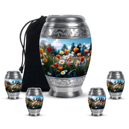 Serene Blue Garden Tulip Cremation Urn detail view - royal garden tulip engraving with decorative scrollwork - memorial set with one large and four small urns