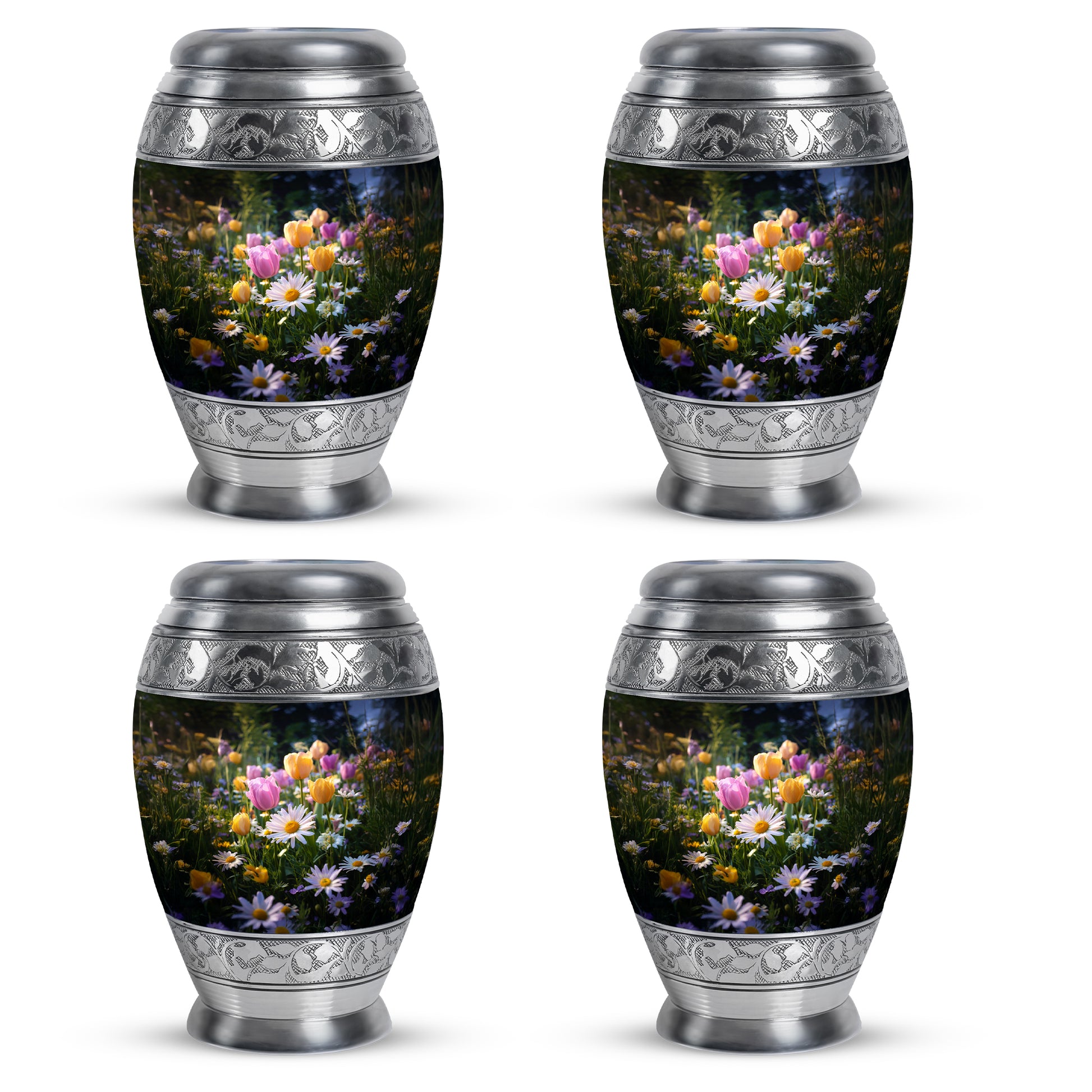 Ebony Garden Tulip Cremation Urn urn with complimentary velvet bag - regal garden tulip design with crown-inspired accents - 10 inch aluminum urn for cremated remains