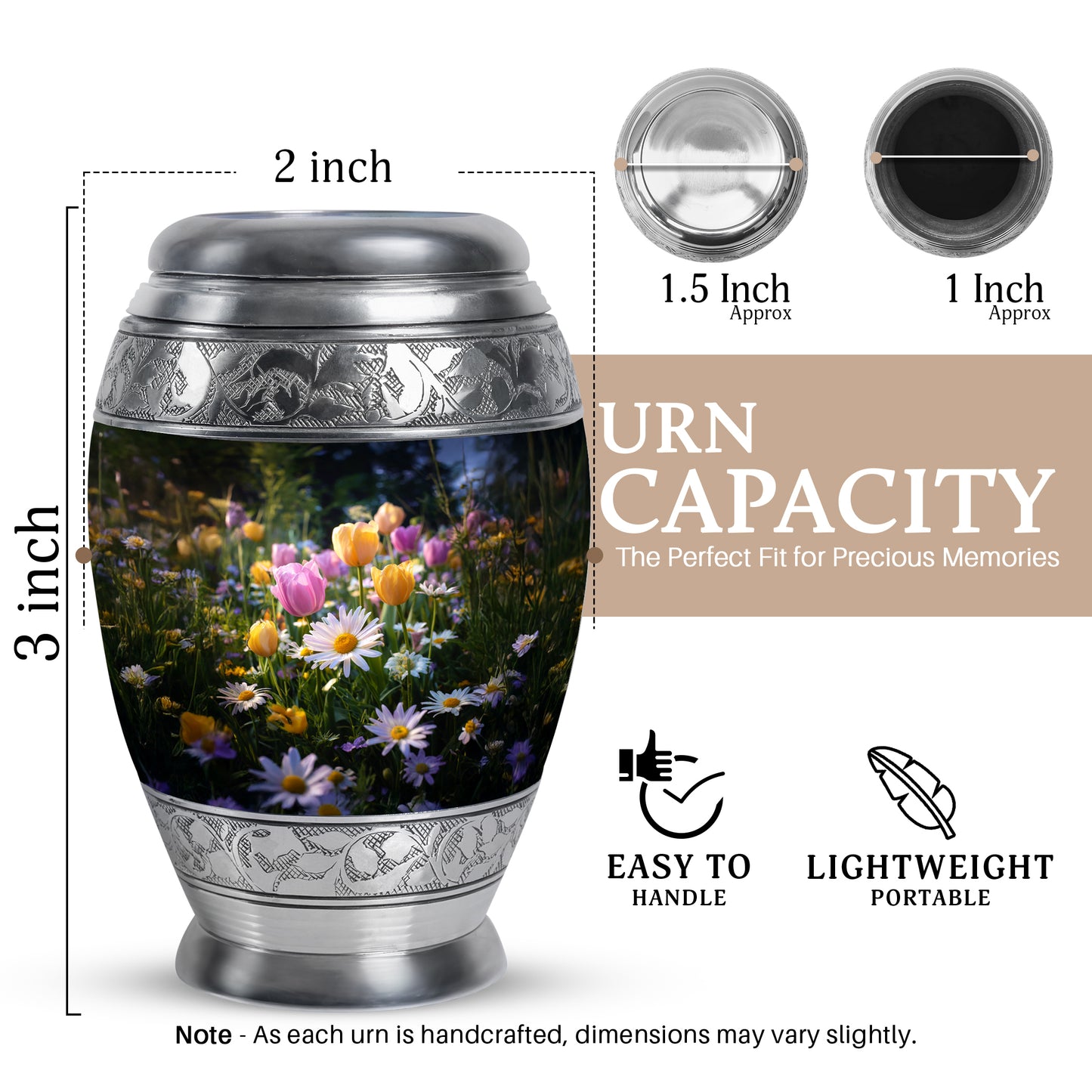 Jet Black Garden Tulip Cremation Urn lifestyle display on memorial shelf - ornate monarch-style garden tulip relief on brushed aluminum - mini keepsake memorial for portion of cremation ashes