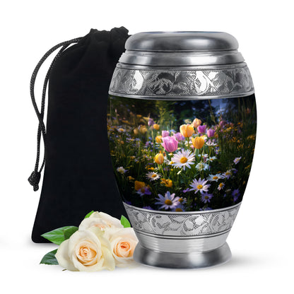 Deep Black Garden Tulip Cremation Urn back view with polished surface - regal garden tulip design with crown-inspired accents - full-size 10 inch 200 cubic inch adult cremation urn