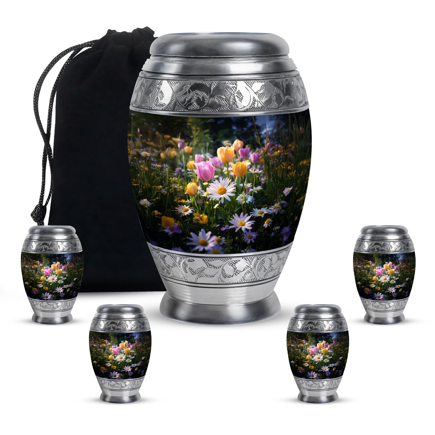 Ebony Garden Tulip Cremation Urn detail view - regal garden tulip design with crown-inspired accents - memorial set with one large and four small urns