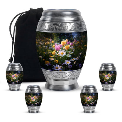 Ebony Garden Tulip Cremation Urn detail view - regal garden tulip design with crown-inspired accents - memorial set with one large and four small urns
