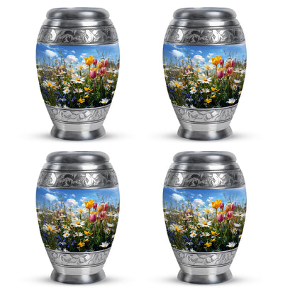 Sky Blue Garden Tulip Cremation Urn urn with complimentary velvet bag - ornate monarch-style garden tulip relief on brushed aluminum - 10 inch aluminum urn for cremated remains