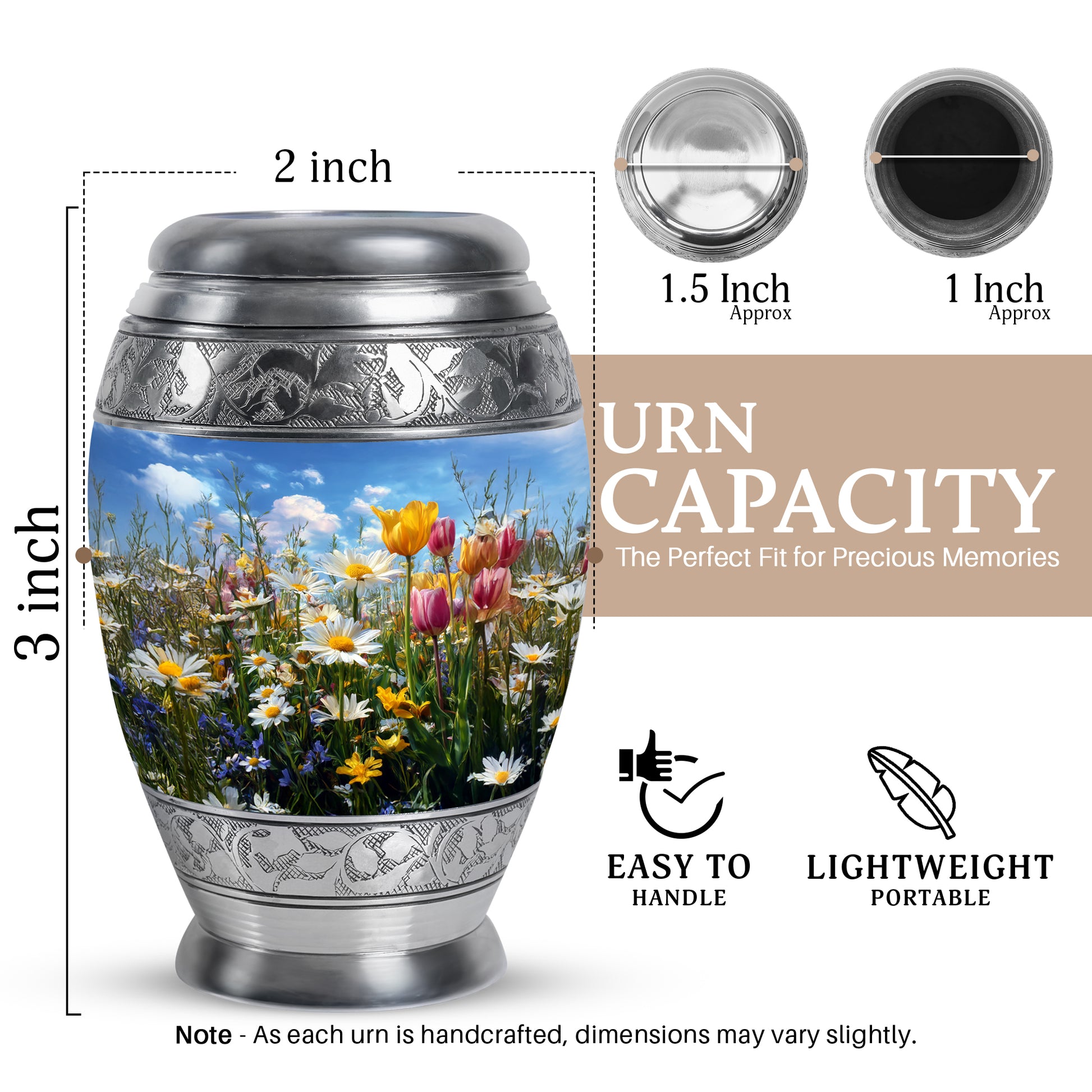 Bright Blue Garden Tulip Cremation Urn lifestyle display on memorial shelf - royal garden tulip engraving with decorative scrollwork - mini keepsake memorial for portion of cremation ashes