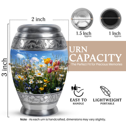 Bright Blue Garden Tulip Cremation Urn lifestyle display on memorial shelf - royal garden tulip engraving with decorative scrollwork - mini keepsake memorial for portion of cremation ashes