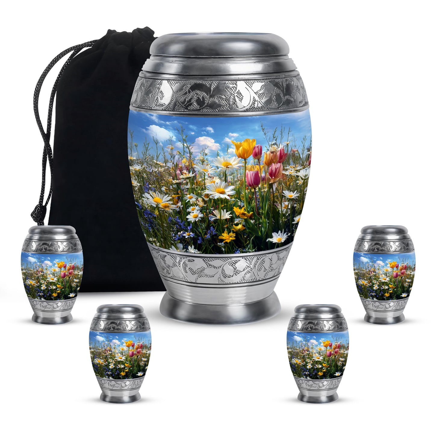 Powder Blue Garden Tulip Cremation Urn detail view - regal garden tulip design with crown-inspired accents - memorial set with one large and four small urns