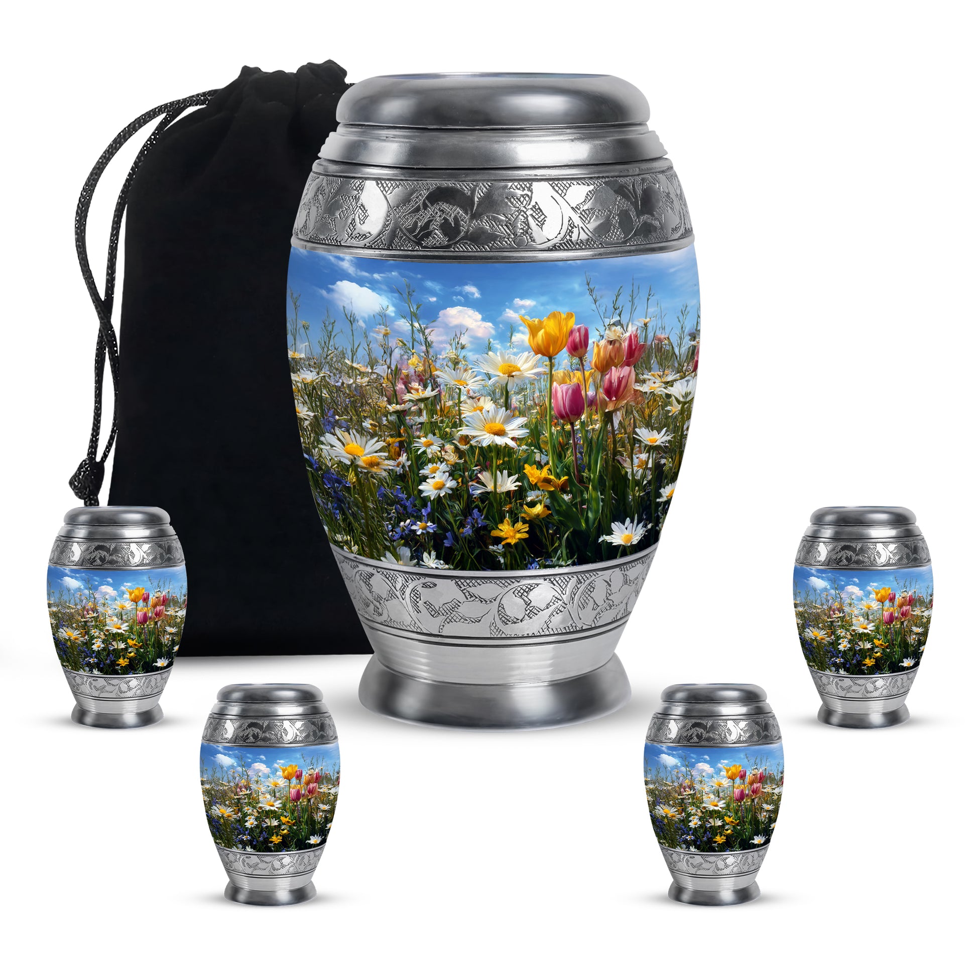 Powder Blue Garden Tulip Cremation Urn detail view - regal garden tulip design with crown-inspired accents - memorial set with one large and four small urns