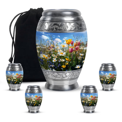 Powder Blue Garden Tulip Cremation Urn detail view - regal garden tulip design with crown-inspired accents - memorial set with one large and four small urns