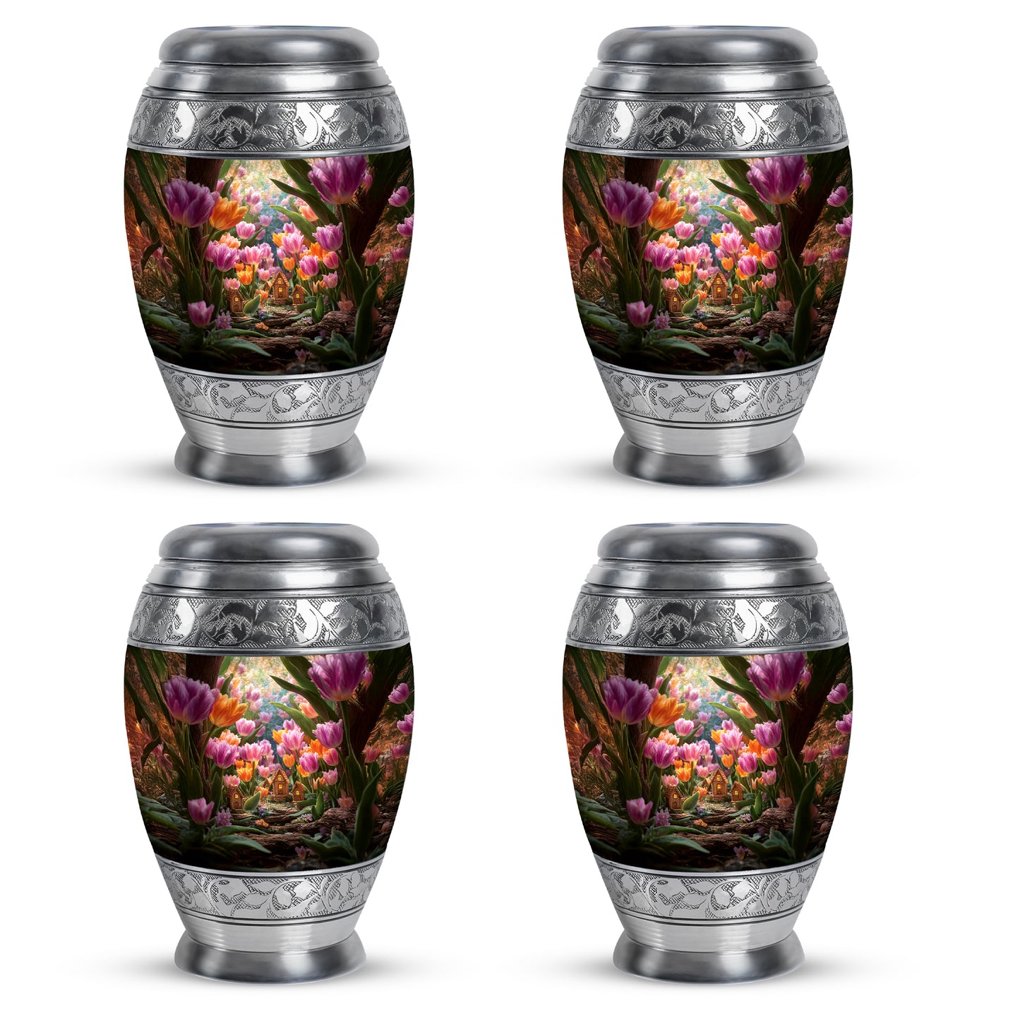 Matte Gold Garden Tulip Cremation Urn urn with complimentary velvet bag - royal garden tulip engraving with decorative scrollwork - 10 inch aluminum urn for cremated remains