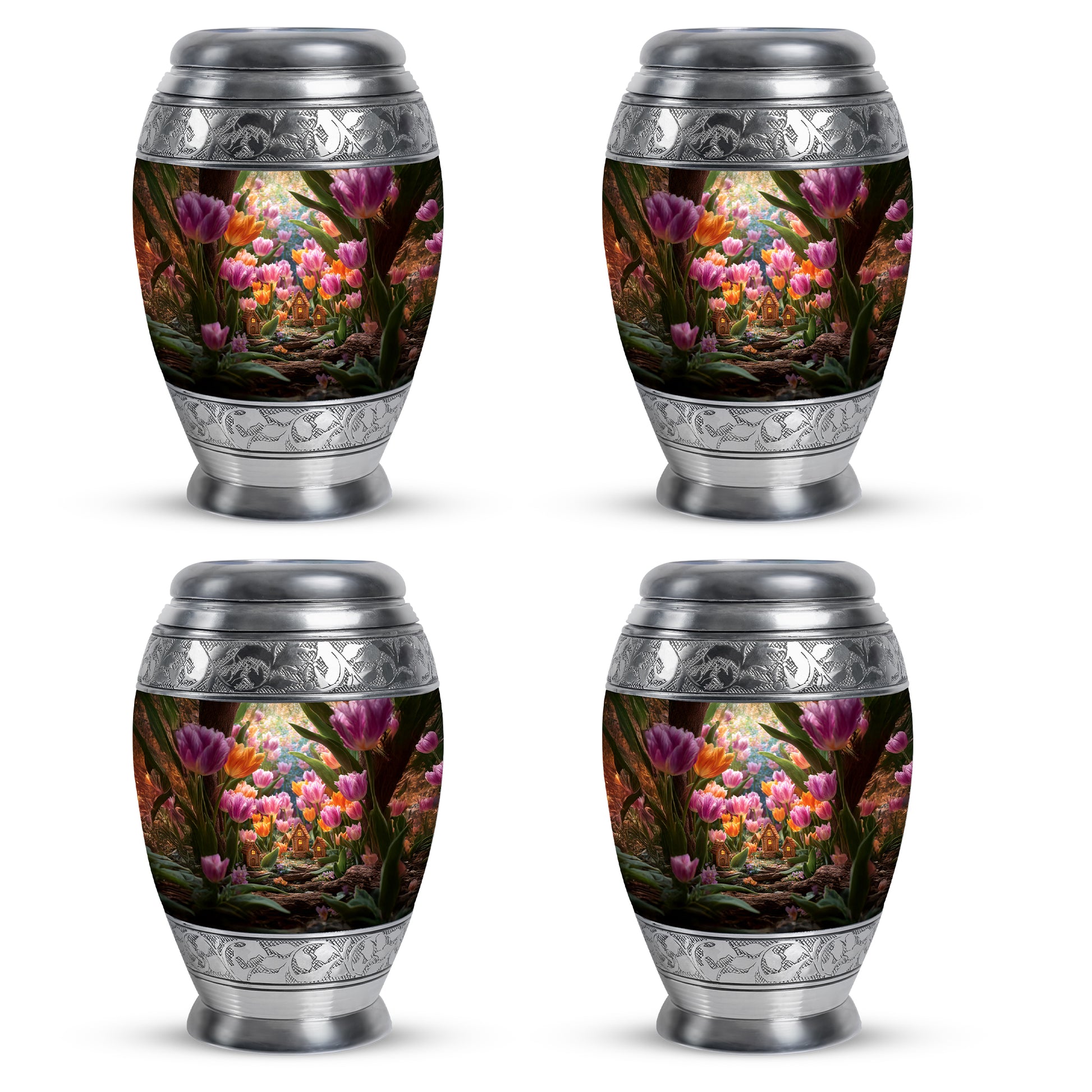 Matte Gold Garden Tulip Cremation Urn urn with complimentary velvet bag - royal garden tulip engraving with decorative scrollwork - 10 inch aluminum urn for cremated remains