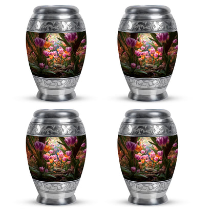 Matte Gold Garden Tulip Cremation Urn urn with complimentary velvet bag - royal garden tulip engraving with decorative scrollwork - 10 inch aluminum urn for cremated remains