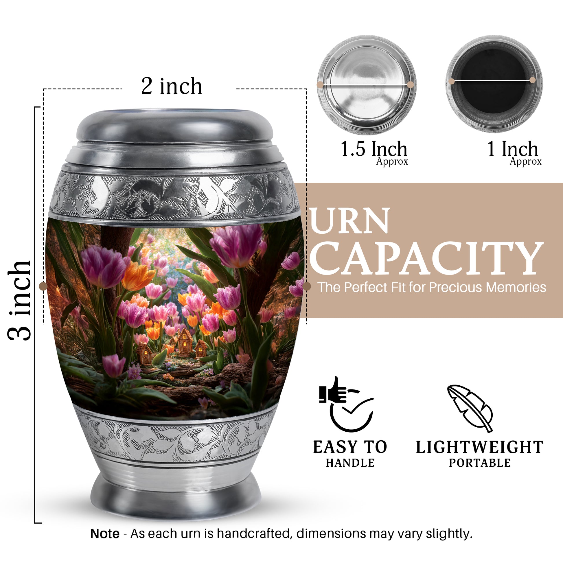 Antique Gold Garden Tulip Cremation Urn lifestyle display on memorial shelf - ornate monarch-style garden tulip relief on brushed aluminum - mini keepsake memorial for portion of cremation ashes