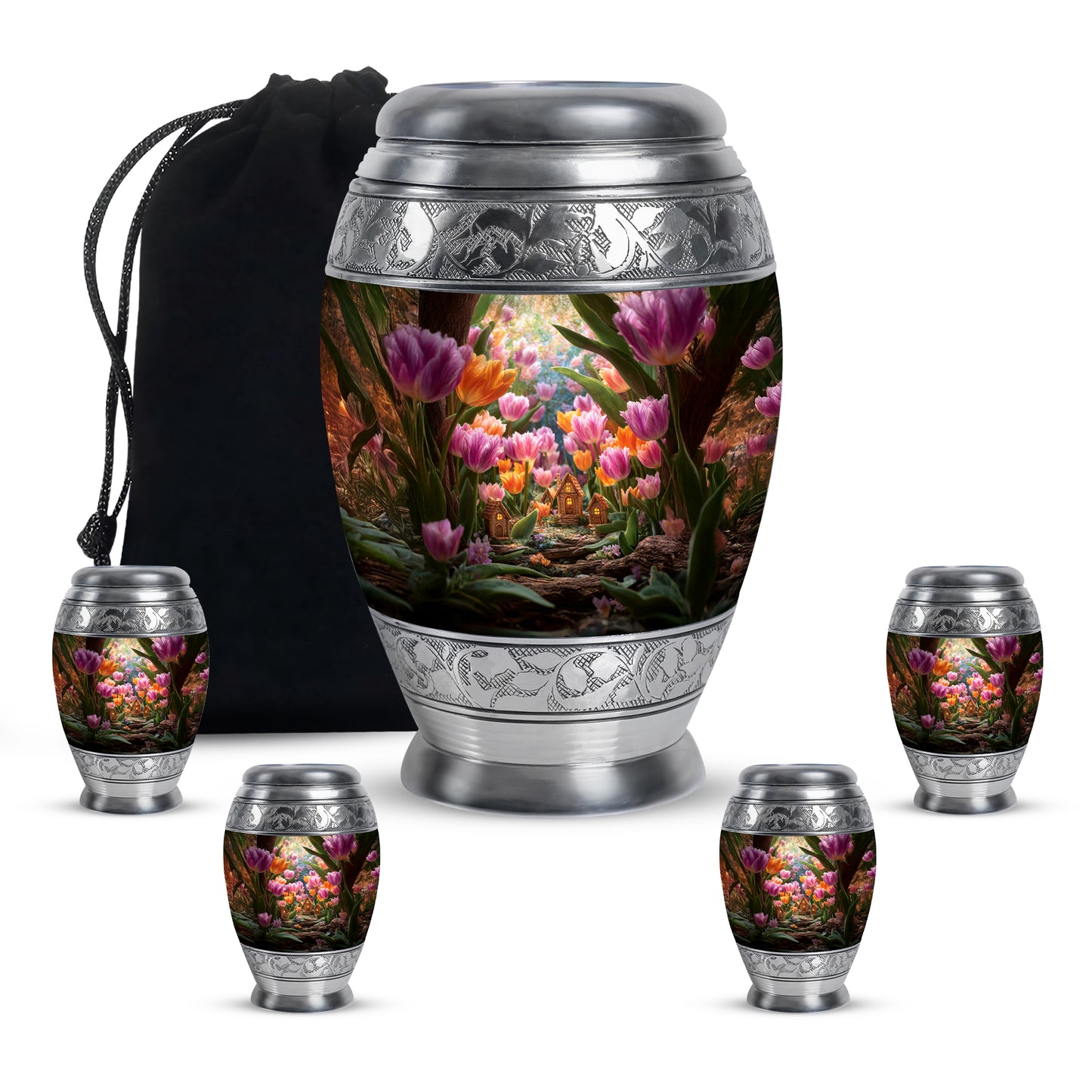 Champagne Gold Garden Tulip Cremation Urn detail view - ornate monarch-style garden tulip relief on brushed aluminum - memorial set with one large and four small urns