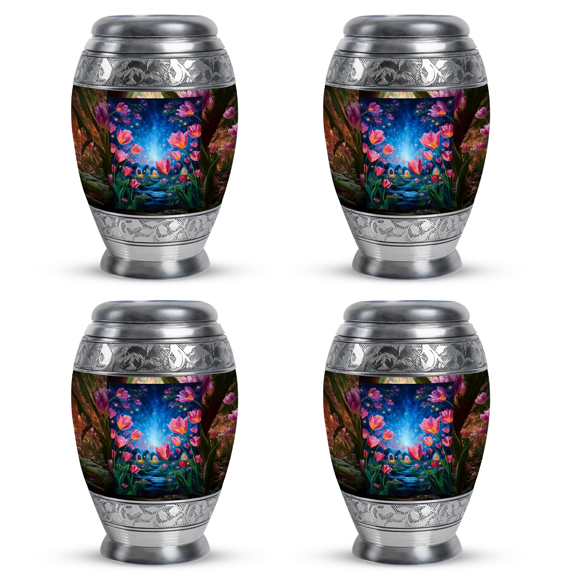 Royal Gold Garden Tulip Cremation Urn urn with complimentary velvet bag - majestic garden tulip pattern with filigree border - 10 inch aluminum urn for cremated remains