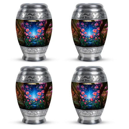 Royal Gold Garden Tulip Cremation Urn urn with complimentary velvet bag - majestic garden tulip pattern with filigree border - 10 inch aluminum urn for cremated remains