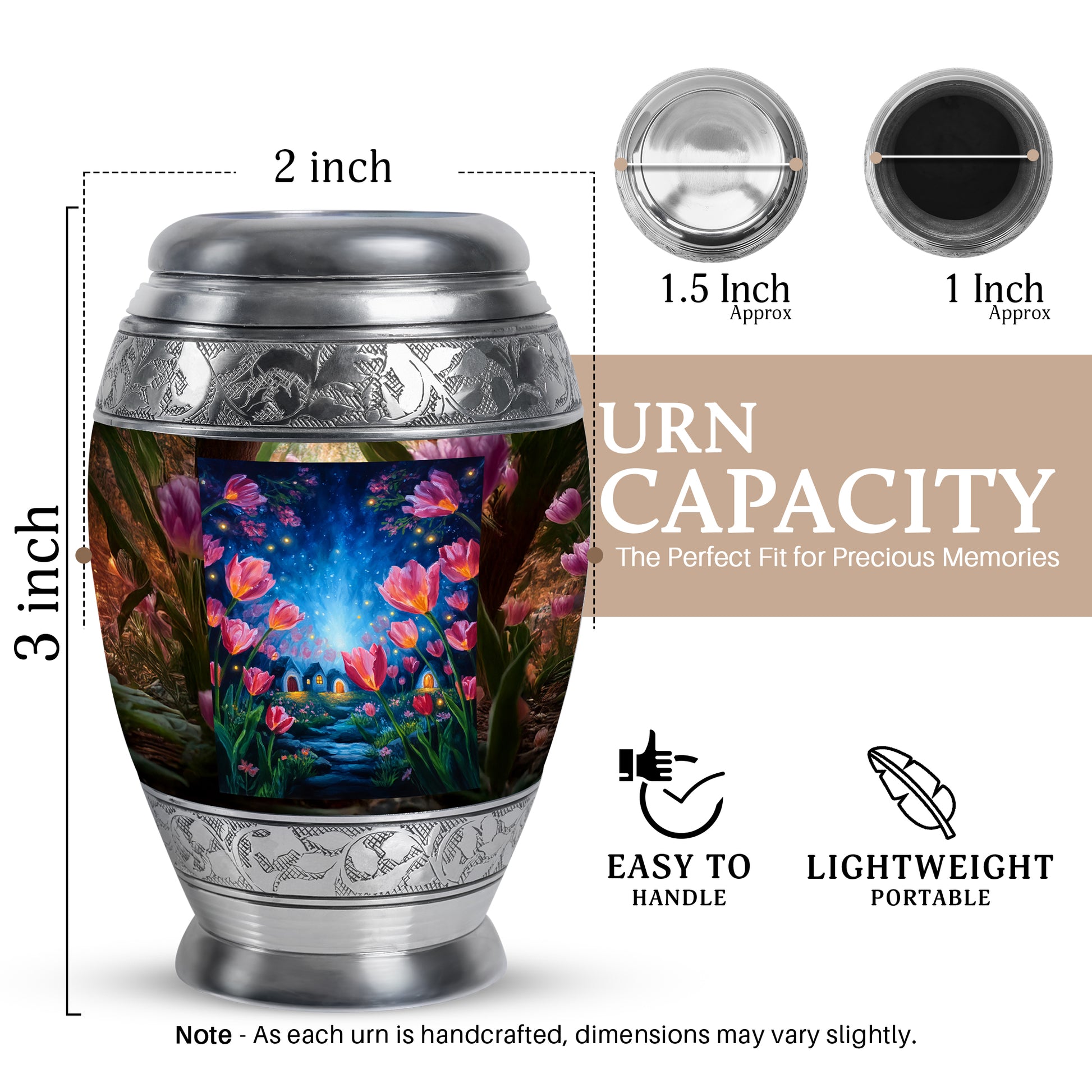 Royal Gold Garden Tulip Cremation Urn lifestyle display on memorial shelf - royal garden tulip engraving with decorative scrollwork - mini keepsake memorial for portion of cremation ashes