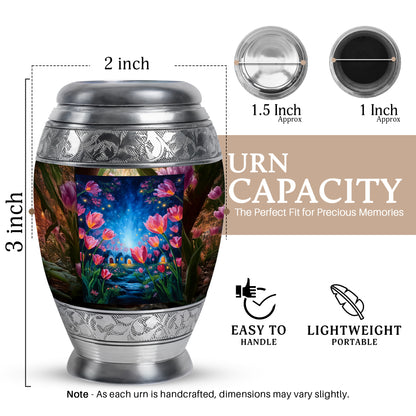 Royal Gold Garden Tulip Cremation Urn lifestyle display on memorial shelf - royal garden tulip engraving with decorative scrollwork - mini keepsake memorial for portion of cremation ashes